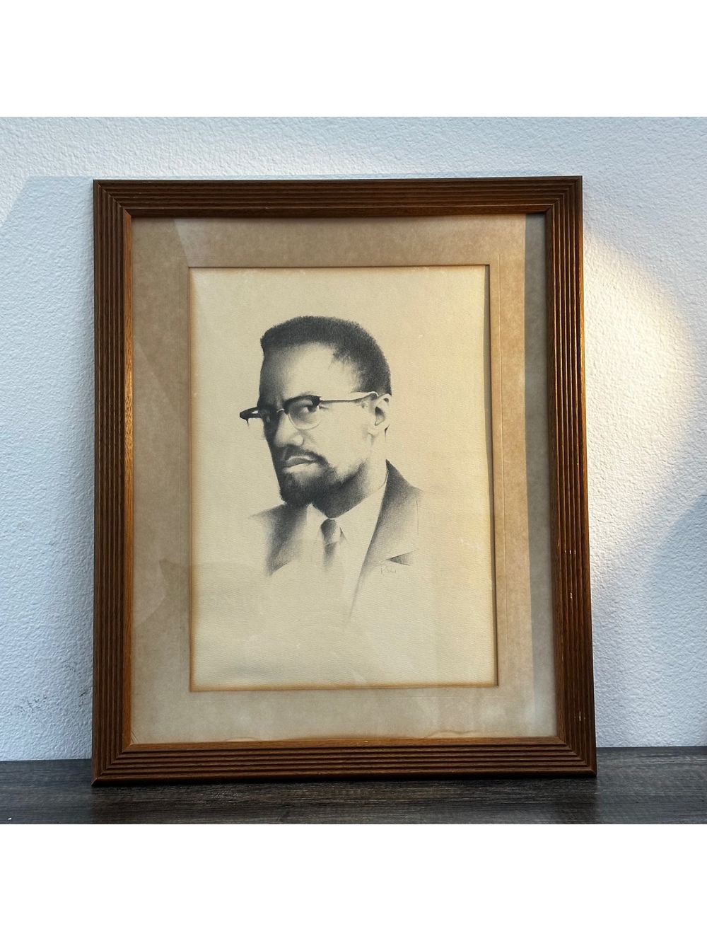 Vintage Signed Charcoal Portrait of Man in Glasses